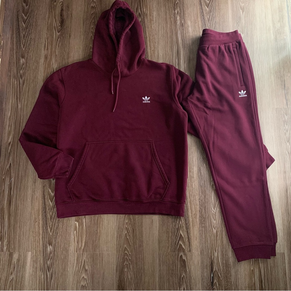 ADIDAS Originals Men’s Essential Trefoil Hoodie Jogger Sweatsuit Set Maroon L XL
